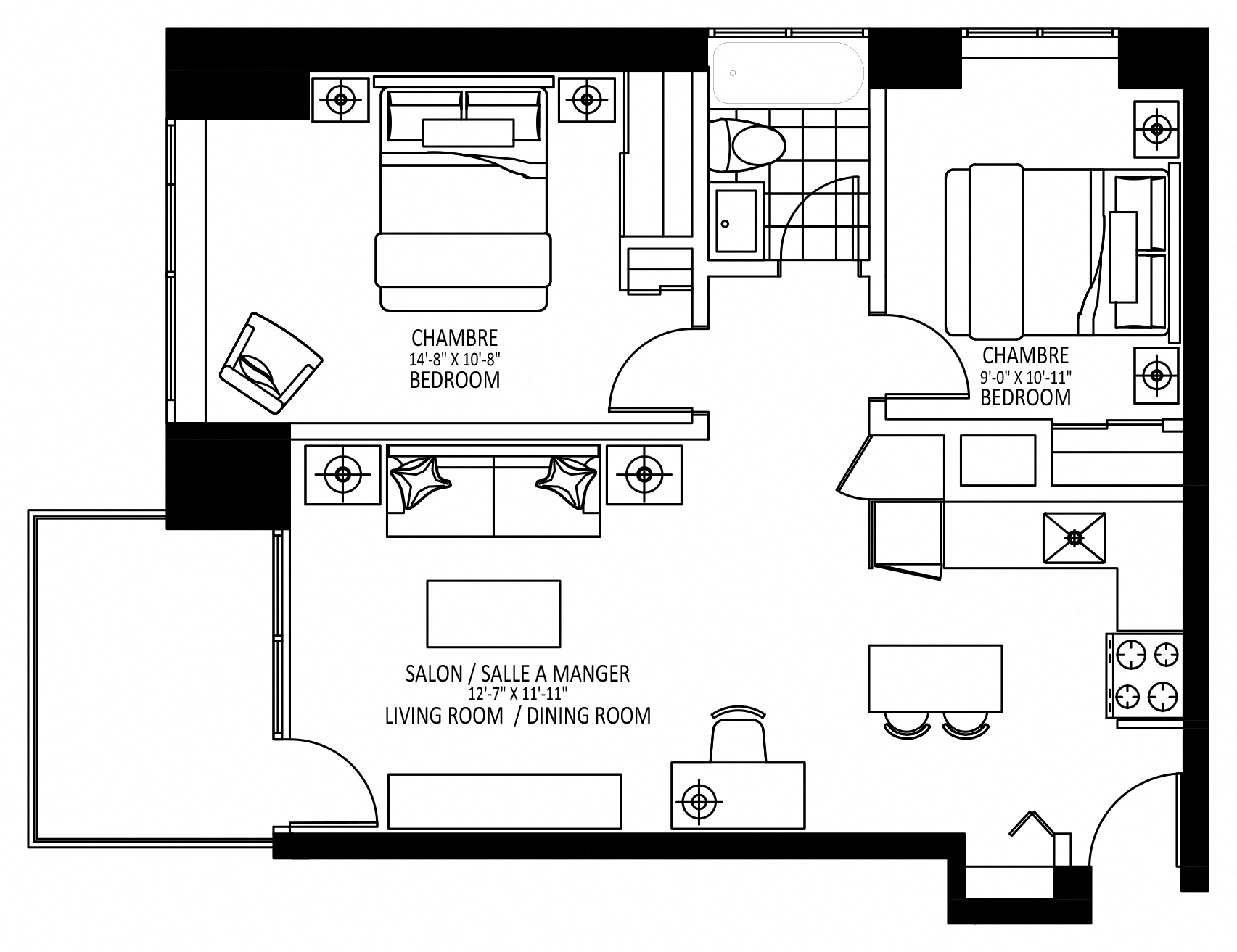 Floor plan for 2 beds, 1 bath, 780 sqft